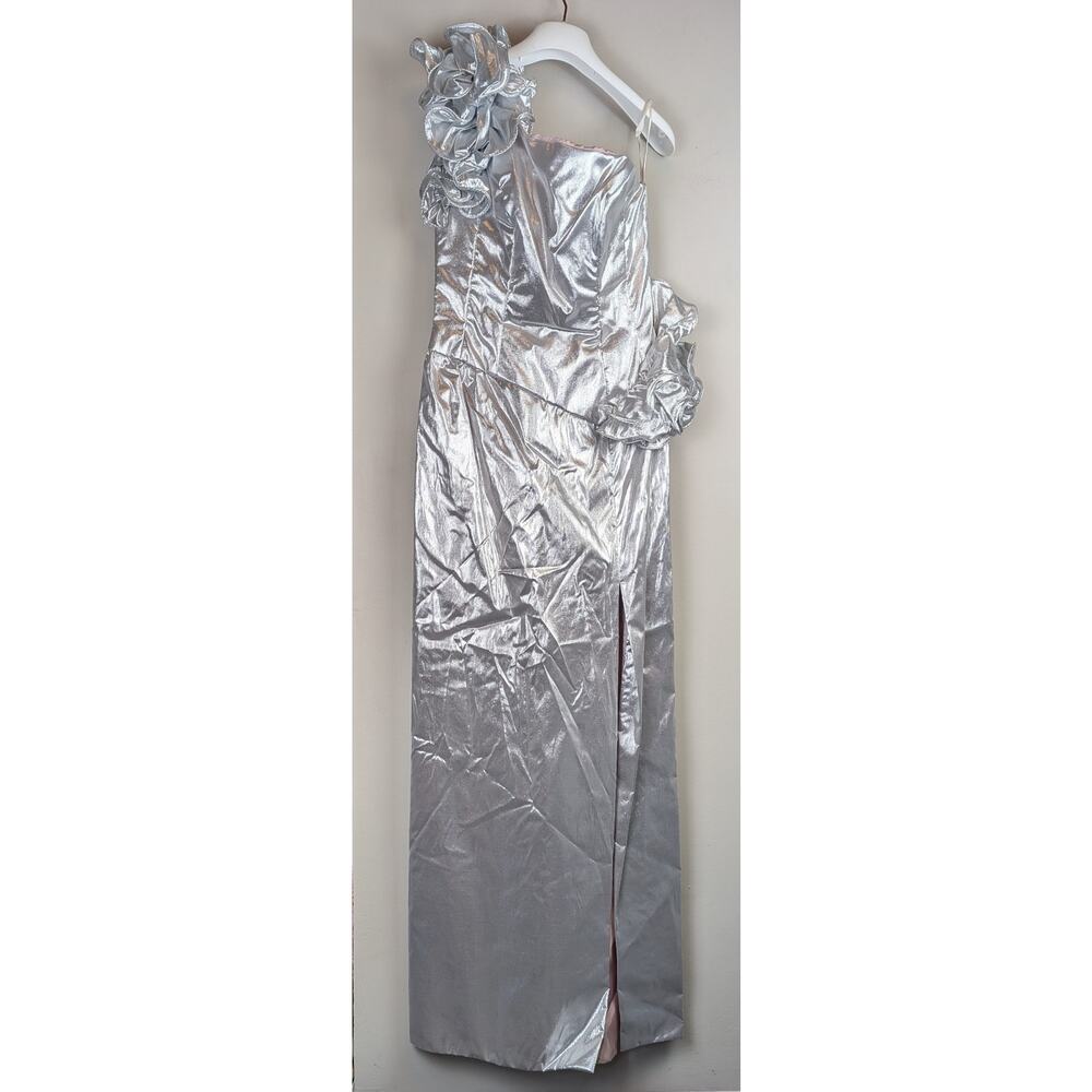 NWT Vtg Mike Benet Formals Ruffle One Shoulder Column Dress Metallic Silver 10